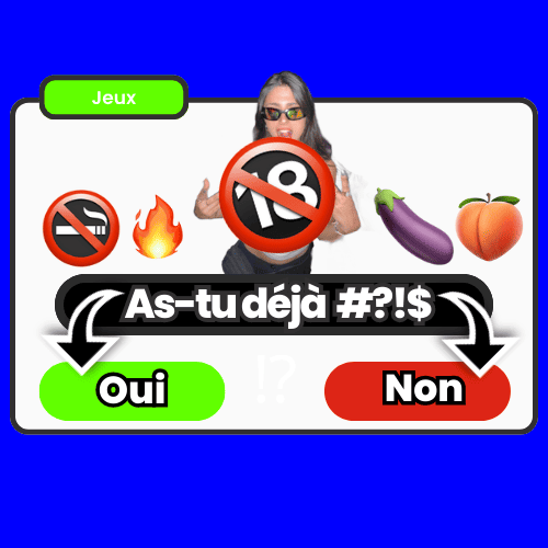Carte As-tu déjà #?!$ avec des emojis suggestifs (interdiction, feu, aubergine, pêche) et les options Oui ou Non, idéale pour briser la glace en début de soirée avec humour.