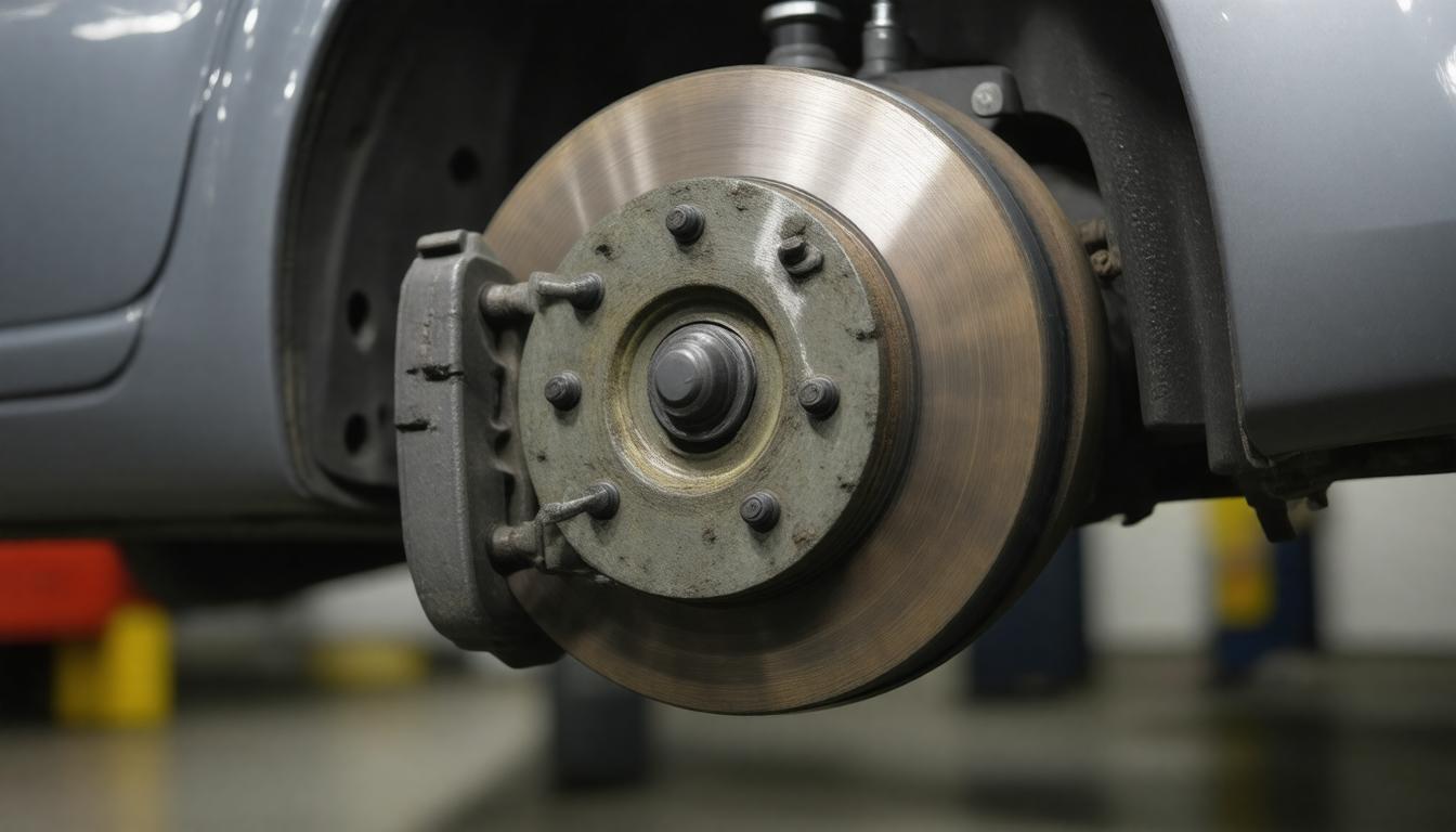 Close-up view of a car's brake disc, showcasing its intricate design and surface details.