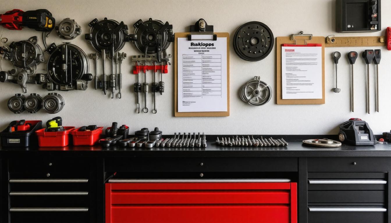 A workbench equipped with various tools and a wall-mounted board for organization and storage.