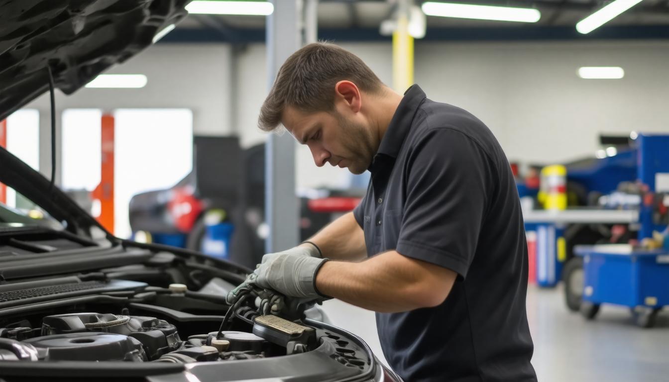 A man diligently repairs a car engine, focused on his task in a well-lit garage environment.